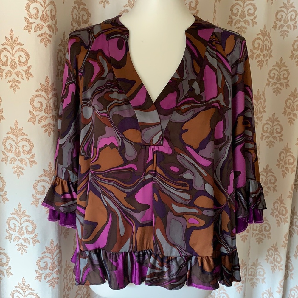 Nanette Lepore 100% Silk funky retro ruffle top S - Picture 2 of 11